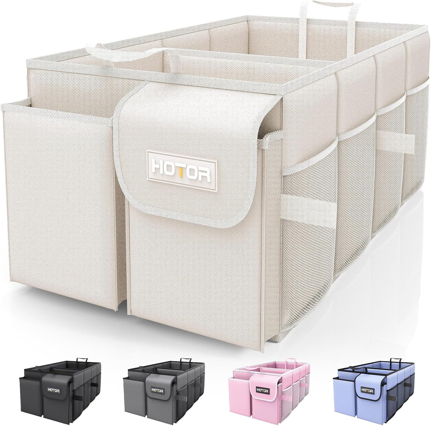 HOTOR Trunk Organizer for Car - Car Organizer, Foldable Trunk organizer for SUVs & Sedans, Sturdy Organization for Car Accessories, Tools, Sundries, Beige, 2 Compartments, 21.3"×12.6"×10.6"