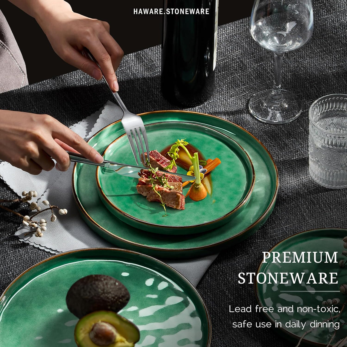 HaWare Dinnerware Sets, 12-Piece Plates and Bowls Set, Stoneware Dish Set for 4, Ceramic Dinnerware for Home Restaurant, Chip and Scratch Resistant, Microwave and Dishwasher Safe, Reactive Green