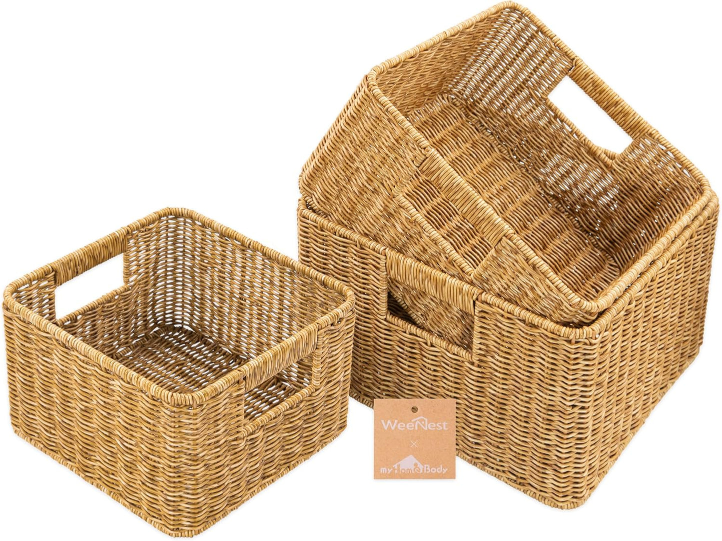 myHomeBody Wicker Storage Basket, Storage Cubes, Resin Wicker, Rustic Brown | Set of 3, Woven Baskets for Organizing, Wicker Baskets for Shelf, Large Cube Storage Organizer