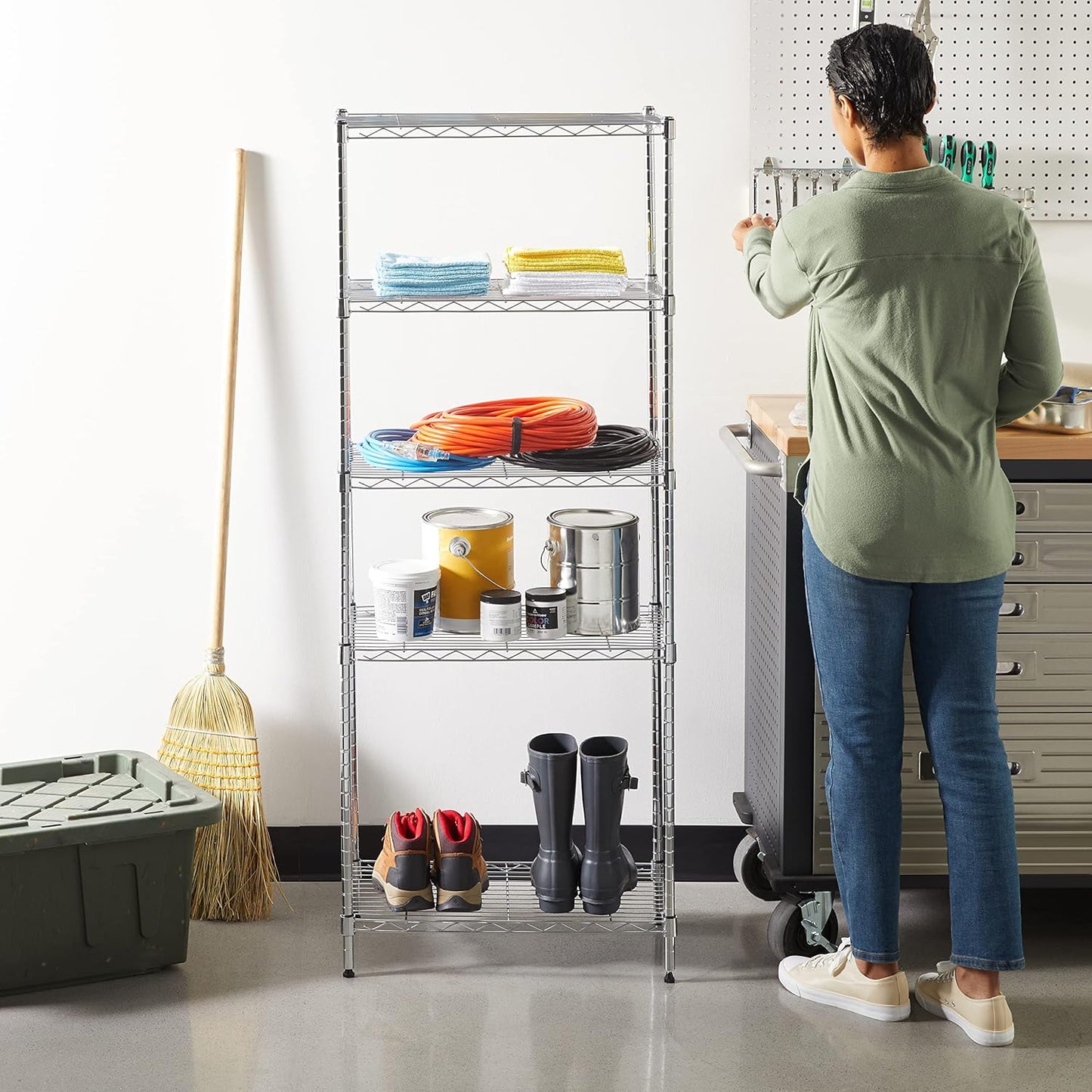 Amazon Basics 5-Shelf Adjustable Storage Shelving Unit for Garage, Steel Wire Rack, 200 Pound Loading Capacity per Shelf, 23.2" x 13.4" x 60", Chrome Finish