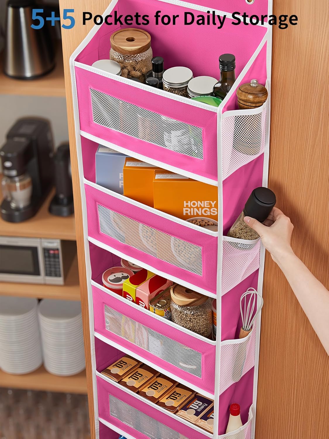 JARLINK Over The Door Organizer Storage, 5 Shelf Hanging Door Organizer with 5 Large Capacity Pockets, Anti Tilt 44 lb Load Behind Door Storage for Bedroom, Bathroom, Pantry, Nursery, Rose Pink