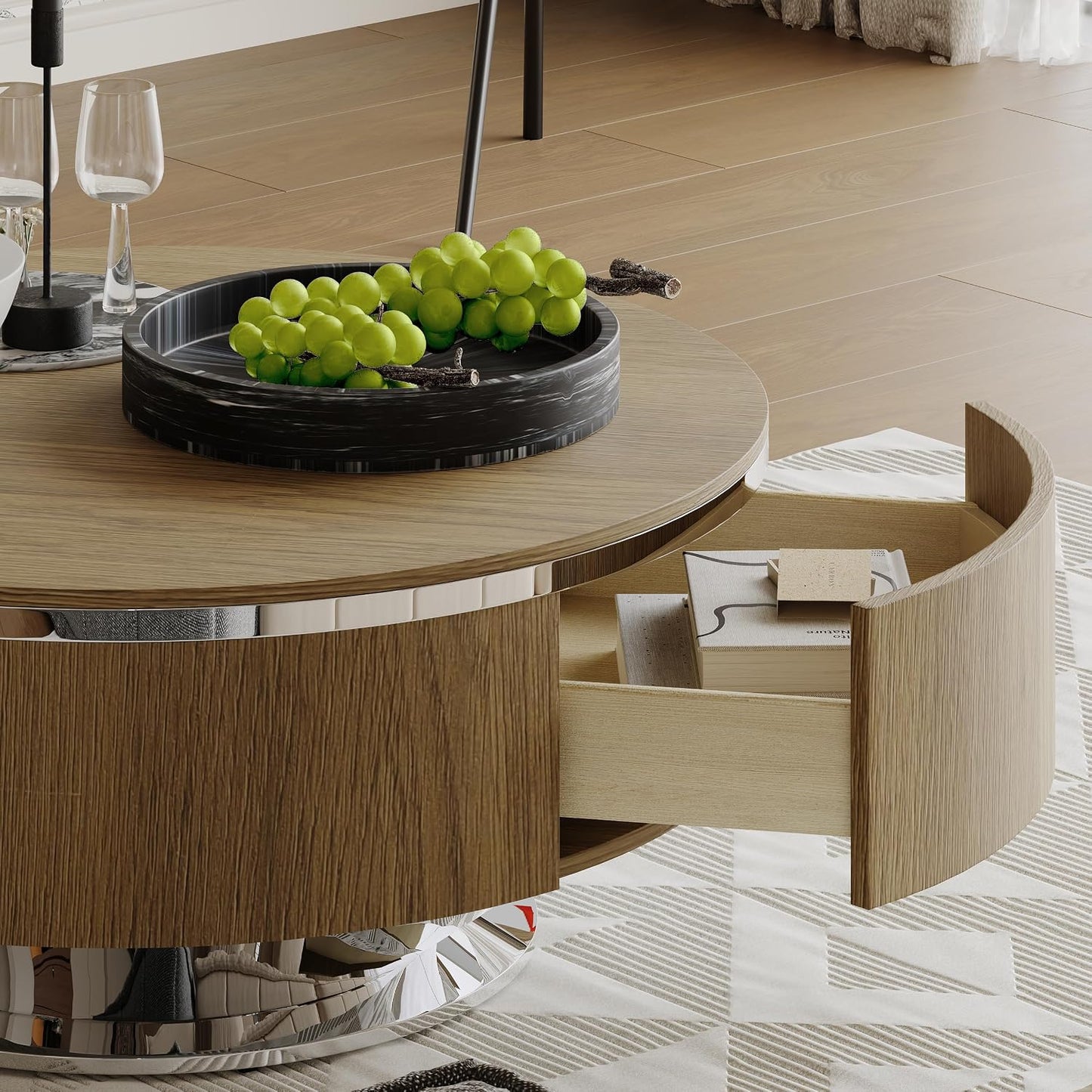 31.5 Inch Round Walnut Coffee Table with Hidden Storage Drawers and Silver Polished Stainless Steel Base, Modern Coffee Table Set with Rolling Side Table for Living Room