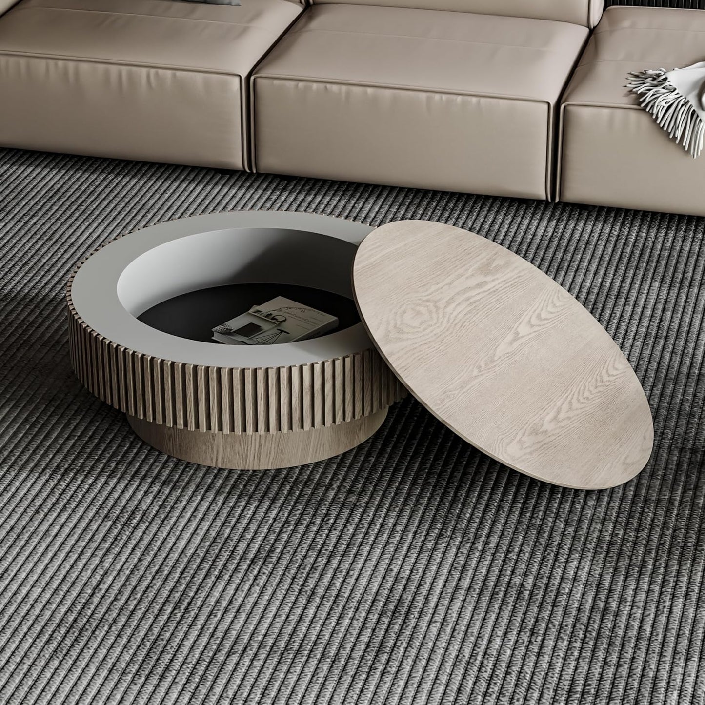 31.5" Round Coffee Table with Hidden Storage Compartment, Modern Handcraft Fluted Drum Coffee Table, Wooden Circle Center Table Cocktail Tea Table with Sturdy Pedestal for Living Room, Grey