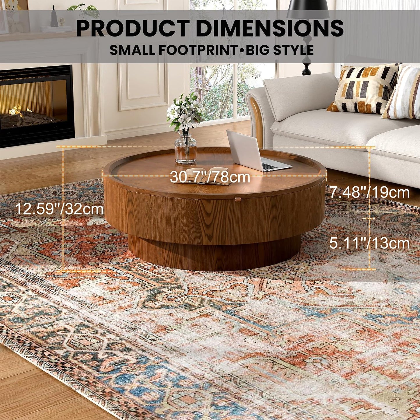 30.7" Round Coffee Table with Storage, Drum Center Table for Small Spaces | Large Hidden Storage Compartment With Removable Lid Keeps Living Room Organized