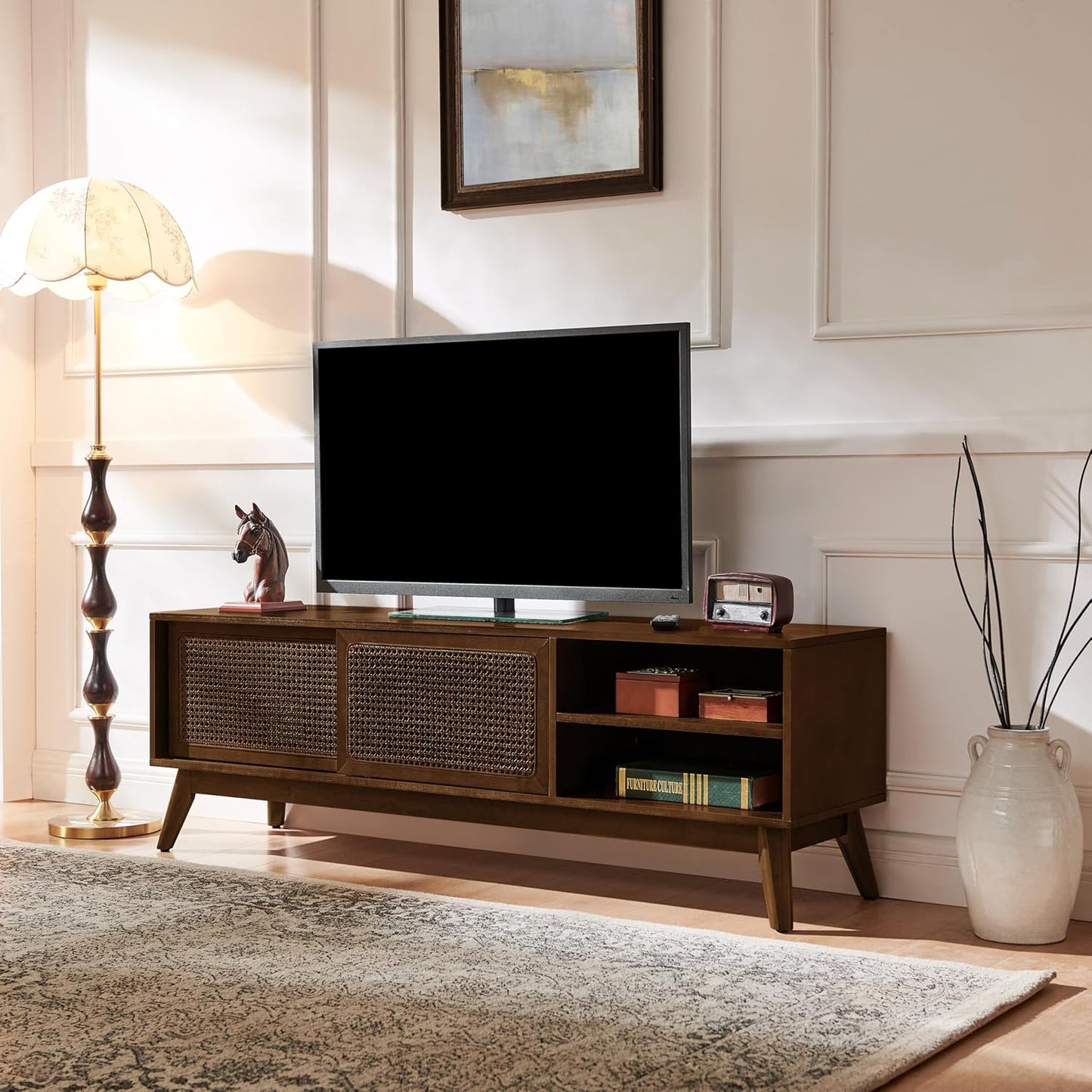 LKTART 59" Rattan Mid Century TV Stand,Entertainment Center,Media Console | Real Wood Veneer Mid Century Modern TV Stand for Living Room,Rattan Media Console Cabinet with Solid Wood Legs,Dark Walnut