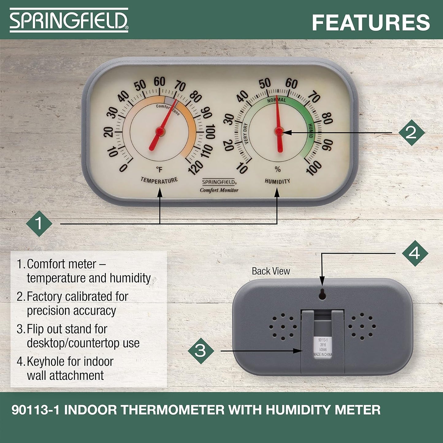 Springfield Color Track Humidity Meter and Indoor Thermometer, Analog Weather Station for the Bedroom, Nursery, Storage, and Inside the Home