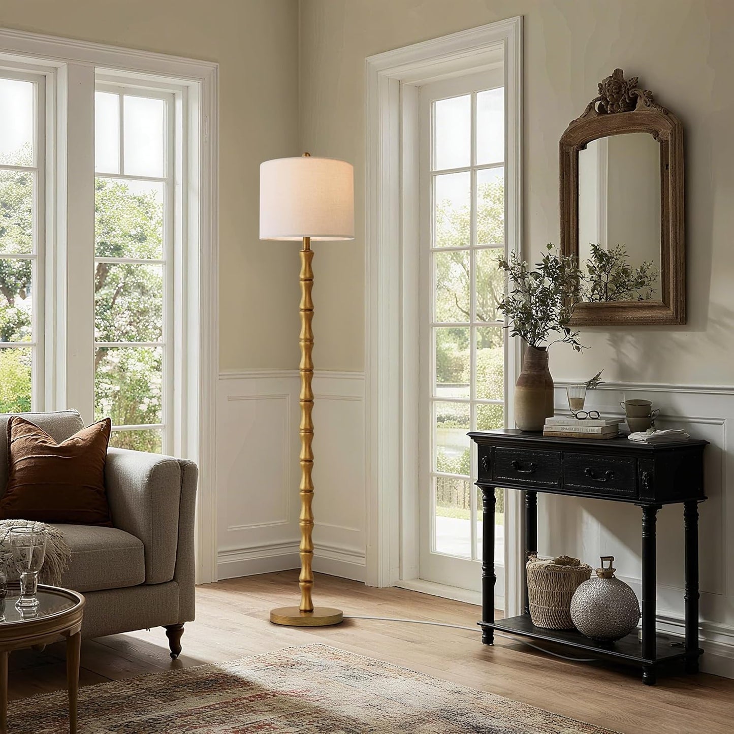 BOBOMOMO 62" Rustic Floor Lamp, Retro Farmhouse Standing Lamp with Rotary Switch, Resin Antique Gold Floor Lamp for Living Room, Bedroom, Dining Room, Nursery, Elegant Home Décor