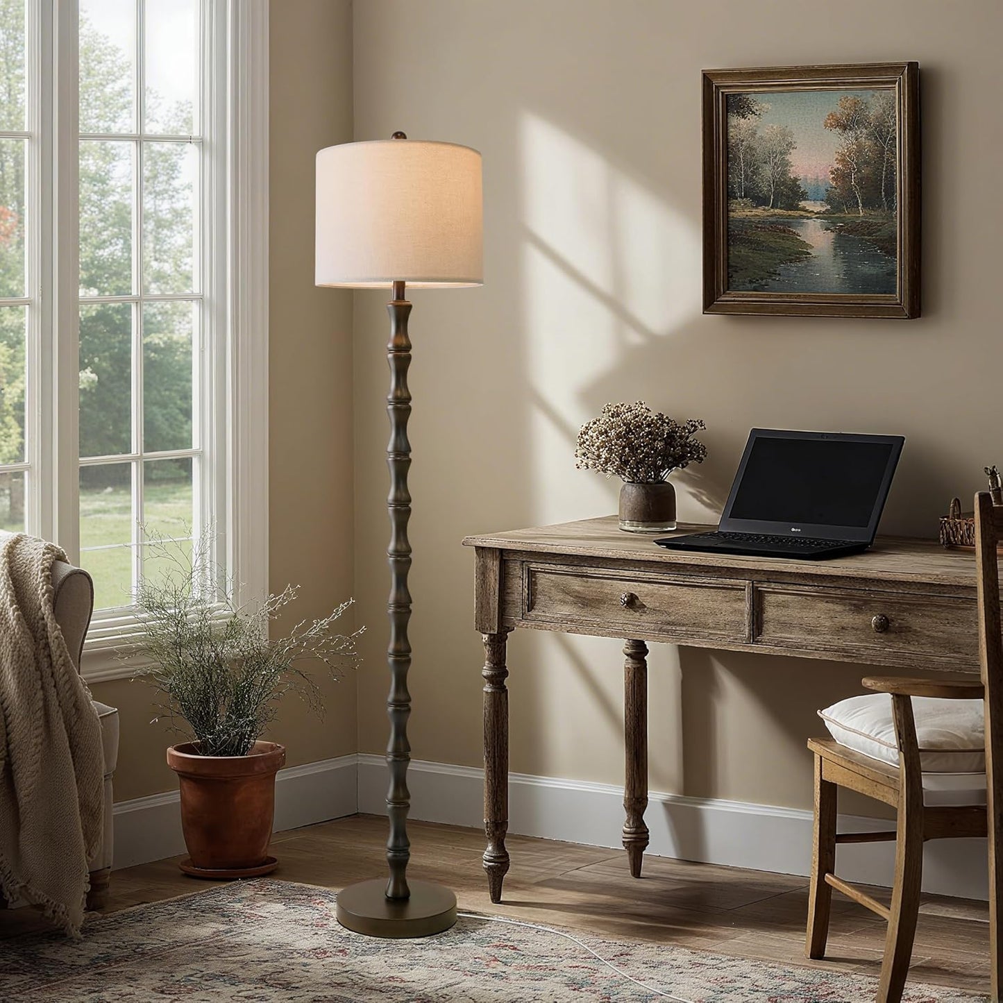 BOBOMOMO 62" Rustic Floor Lamp, Retro Farmhouse Standing Lamp with Rotary Switch, Resin Dark Brown Floor Lamp for Living Room, Bedroom, Corner, Nursery, Dining Room, House