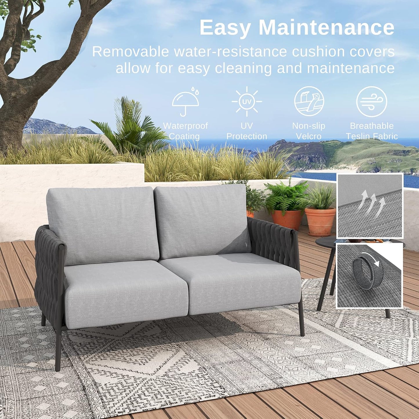 EAST OAK Life Chatter Loveseat, Outdoor Furniture, 2 Seats Sofa with Thick Washable Cushions, Deep Seating for Garden, Porch, Balcony, Backyard, Earth Black & Misty Grey