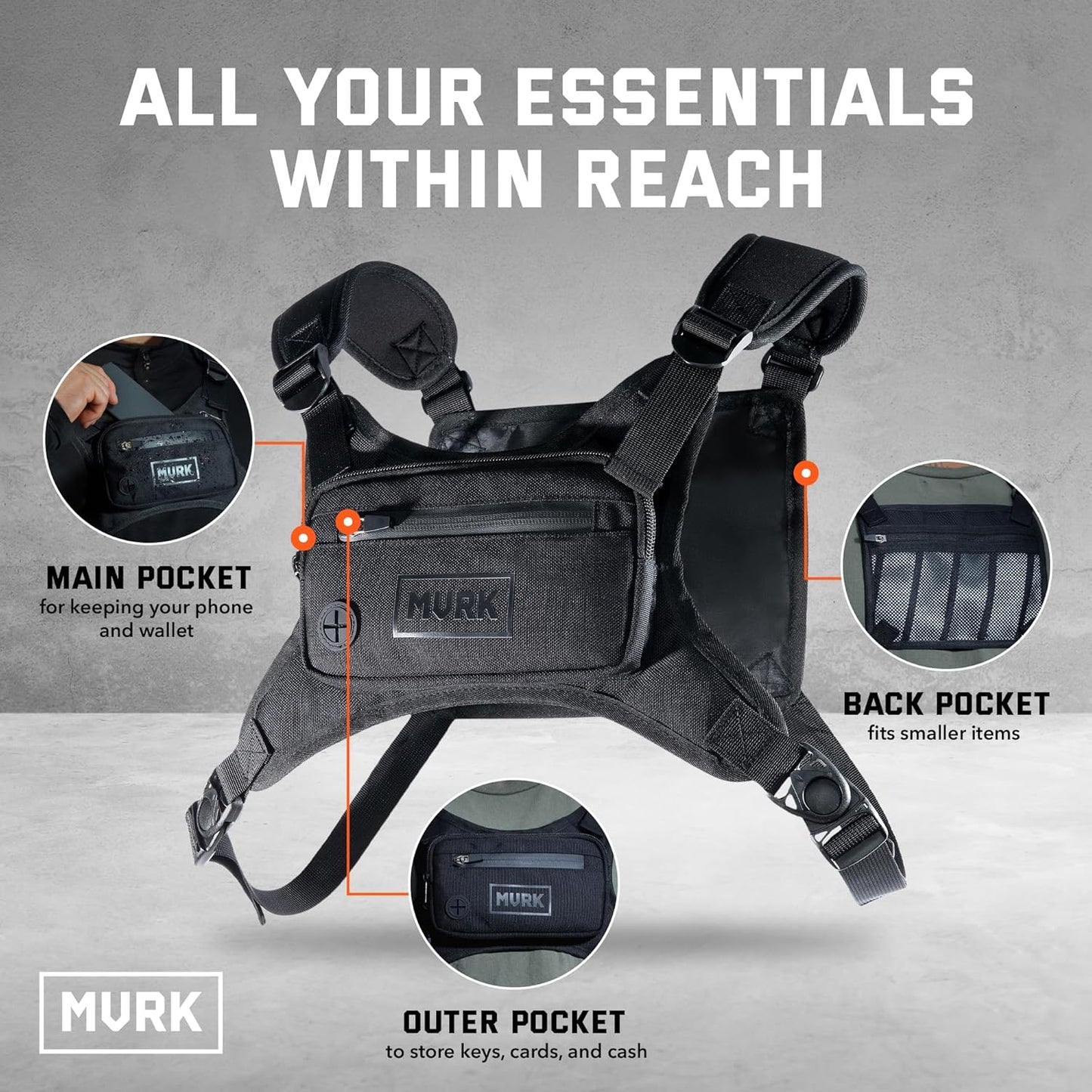 MVRK Water Resistant Running Vest Chest Pack, Phone Holder for Running, Lightweight Training Pack with Reflective Detail