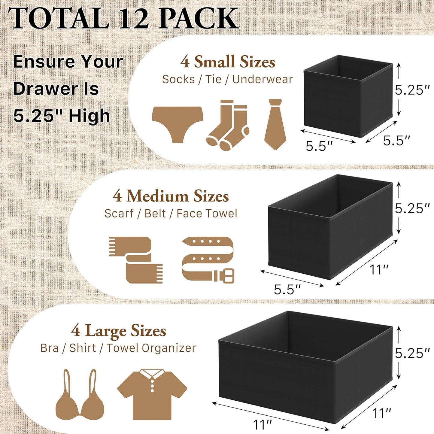 Simple Houseware Foldable Drawer Organizer for Clothes/Underwear/Panty/Onesie Stocking Bin, Set of 12, Black