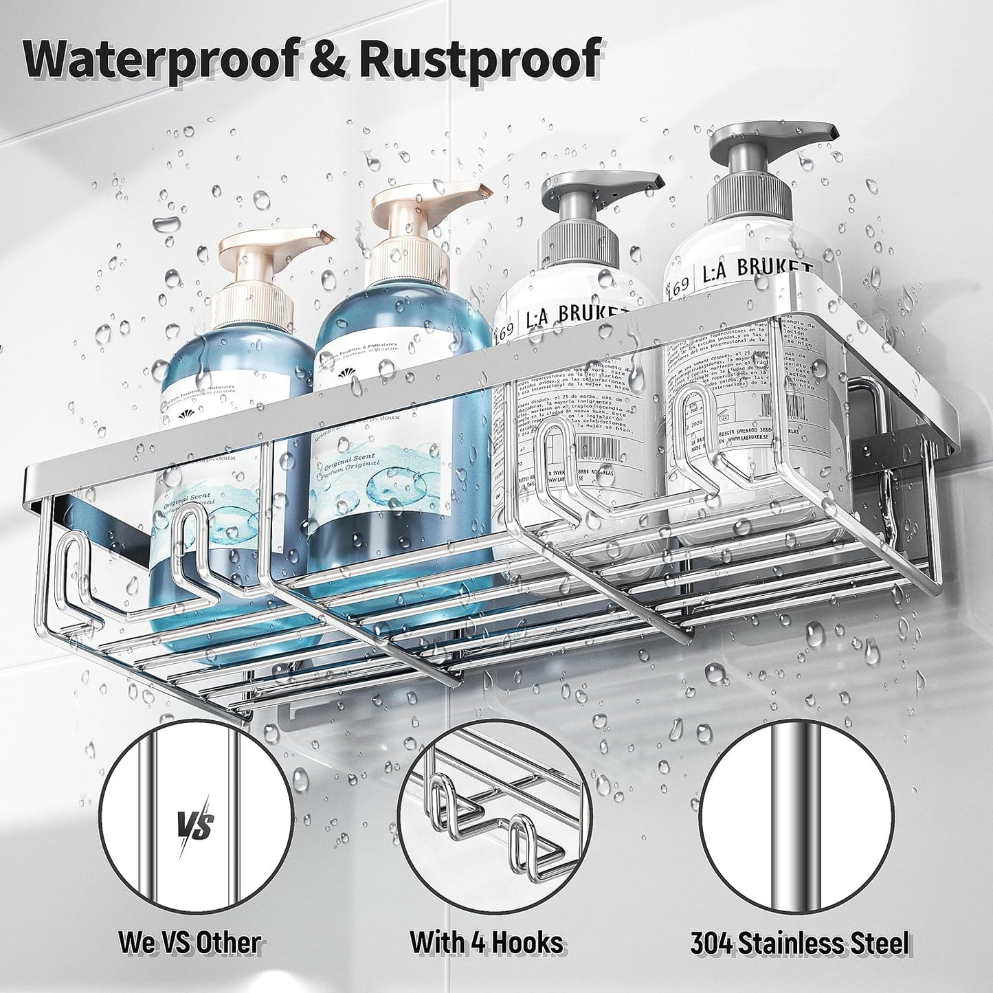 Liuoud 5 Pack Shower Caddy Organizer Rack Shelf for Inside Shower, Self Adhesive Bathroom Wall Storage Basket Rustproof Stainless Steel Large Capacity Shampoo Holder, Silver