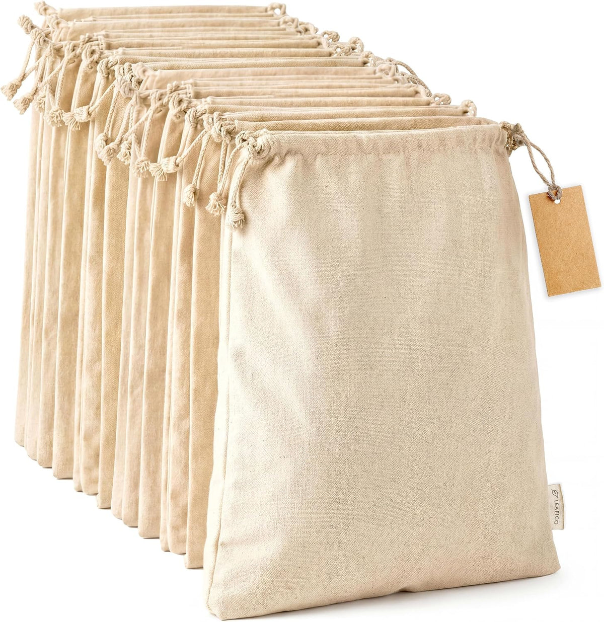 LEAFICO Organic Cotton Produce Bags - Medium 8x10 Inch (12 Bags) - Reusable Muslin Storage Bags with Drawstrings - Biodegradable Canvas Fabric - Perfect for Snacks, Clothes