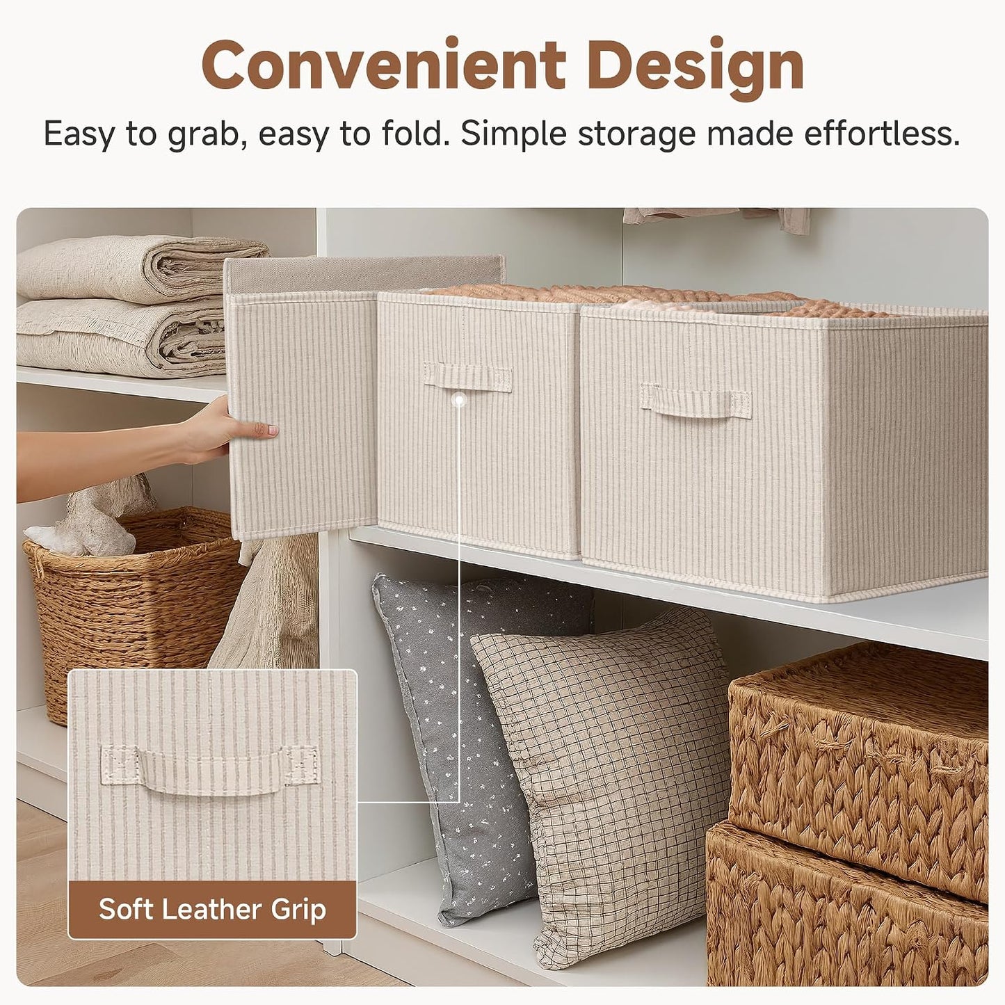 StorageWorks Shelf Organizer Bins, Beige Stripes, Extra Large, 3-Pack | Foldable Shelf Organizer Bins, Closet Storage Baskets for Clothes, Storage Bins for Organization