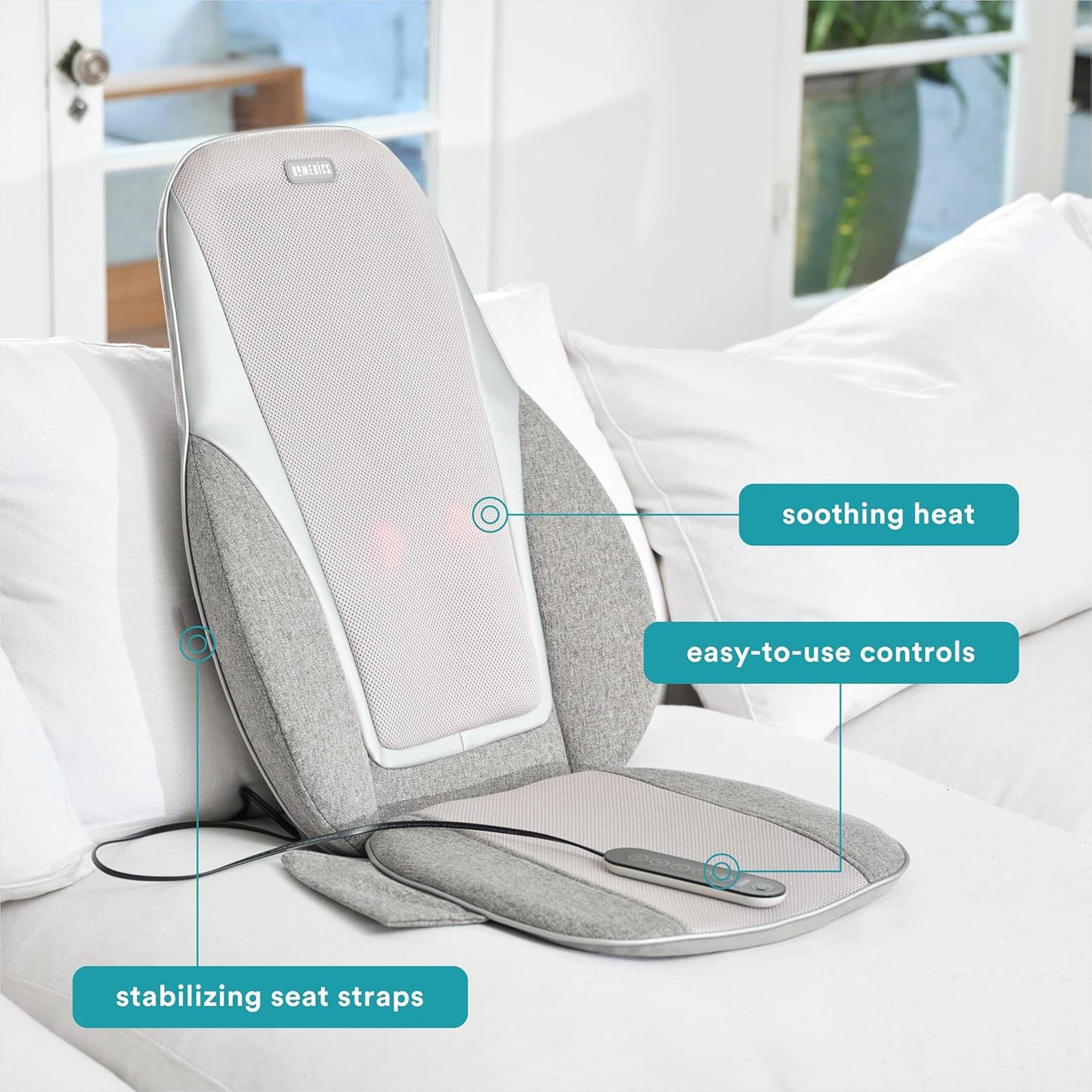 Homedics Shiatsu Back Massage Cushion with Heat, Deep Kneading & Vibration, Handheld Remote, Lumbar Vibration Waves, 3 Massage Zones, Upper, Lower,Full Back,Fits Most Chairs, Premium Fabric,Grey