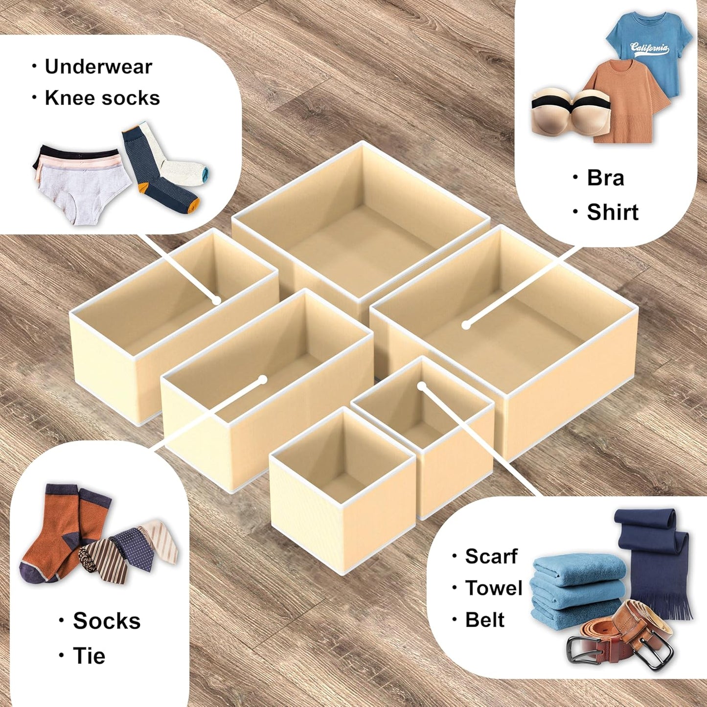 Simple Houseware Foldable Drawer Organizer Set of 12, Beige – Fabric Storage Bins for Clothes, Underwear, Bra, Panty, Socks, Onesies – Closet & Dresser Drawer Dividers for Home Organization