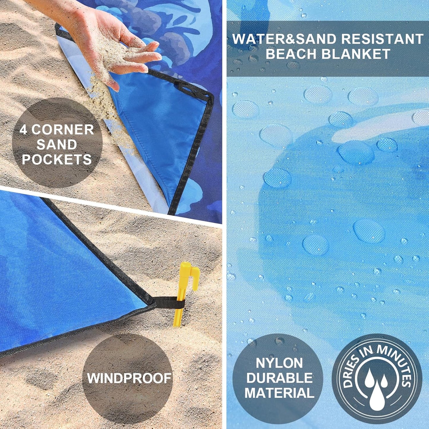 WIWIGO Beach Blanket Waterproof Sandproof Beach Mat 79" X 83"/10'x9'for 2-8 Adults Quick Drying Outdoor Picnic Mat Beach Accessories for Travel, Camping, Hiking