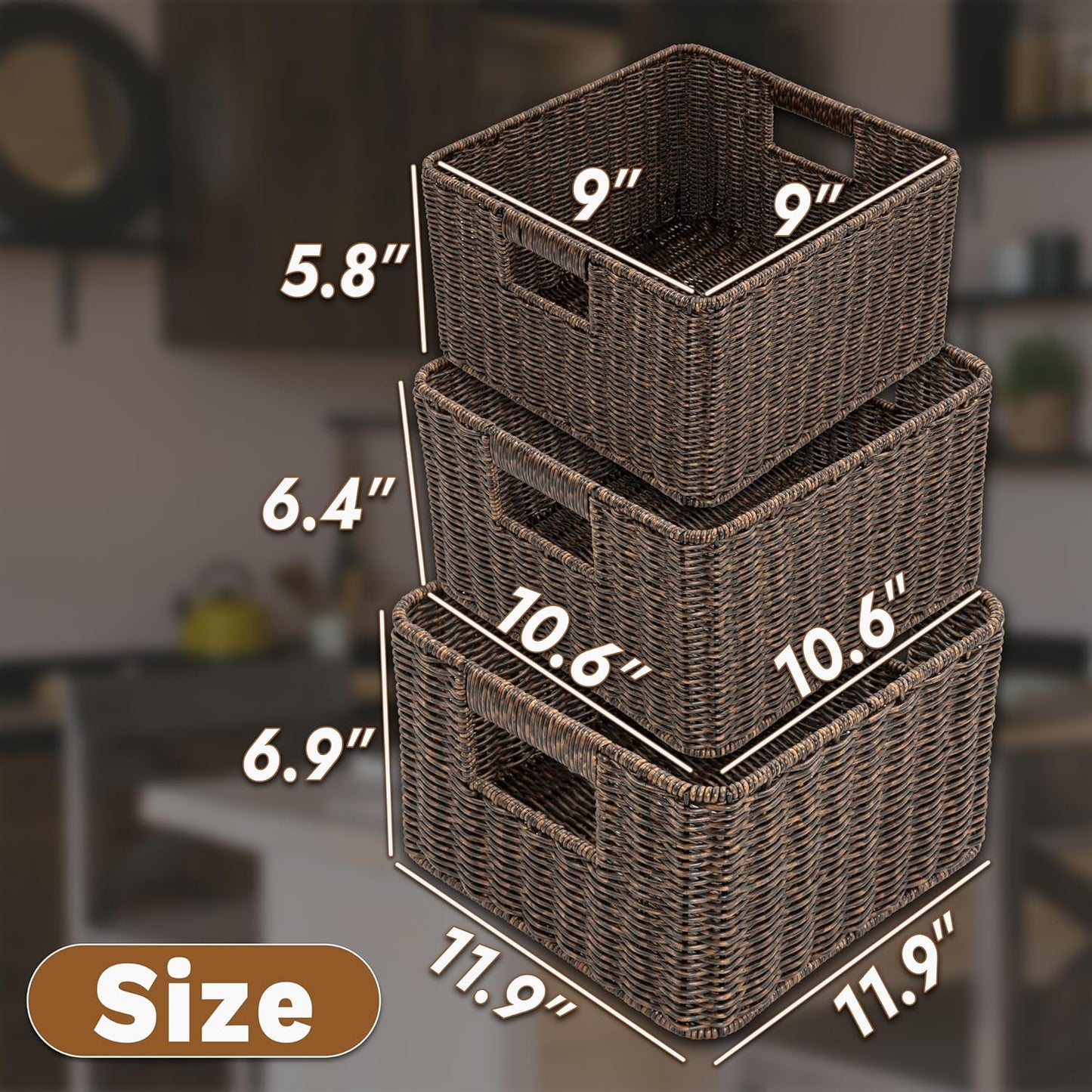 myHomeBody Wicker Storage Basket, Storage Cubes, Resin Wicker, Rustic Brown | Set of 3, Woven Baskets for Organizing, Wicker Baskets for Shelf, Large Cube Storage Organizer