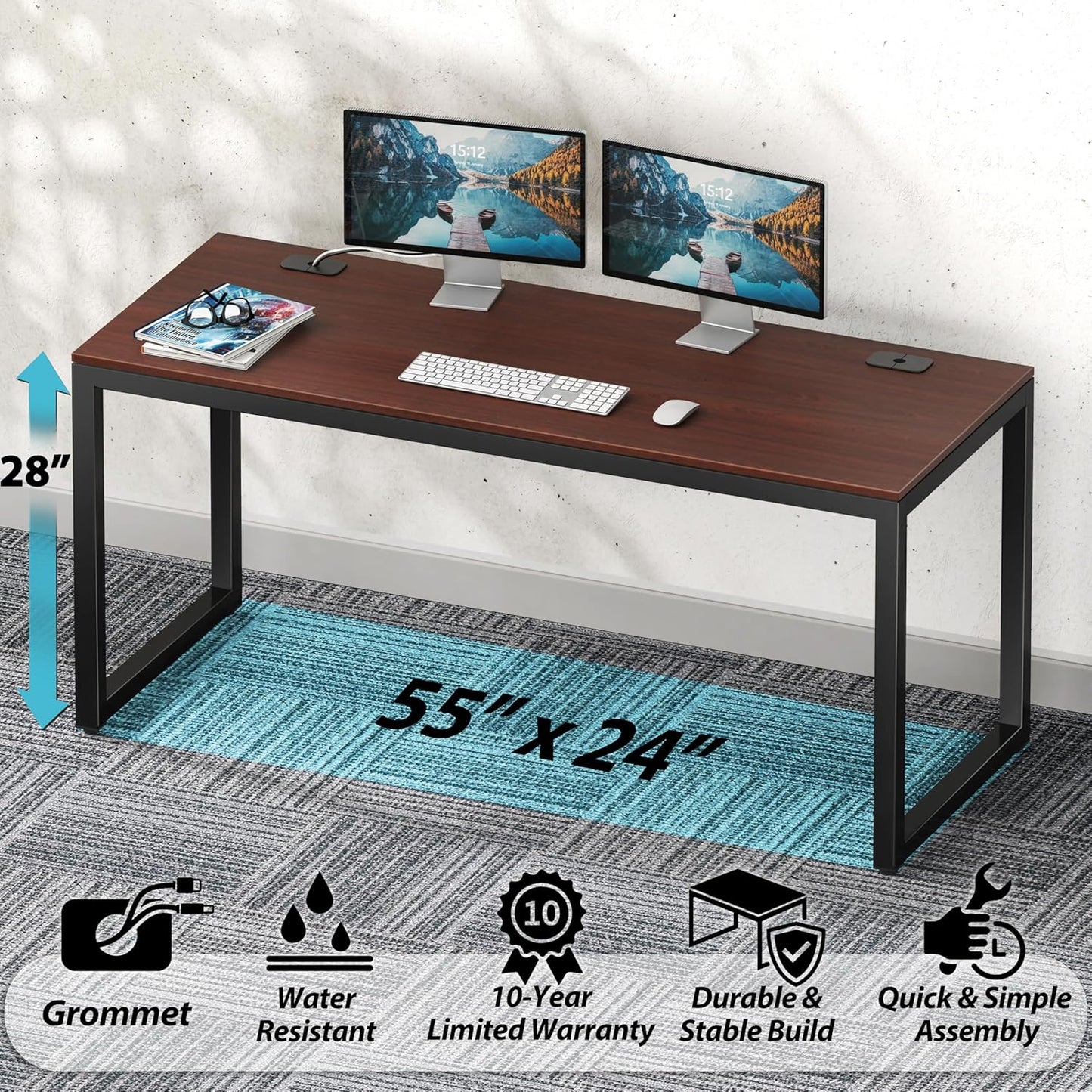 SHW 55-Inch Commercial-Grade Office Computer Desk, Cherry