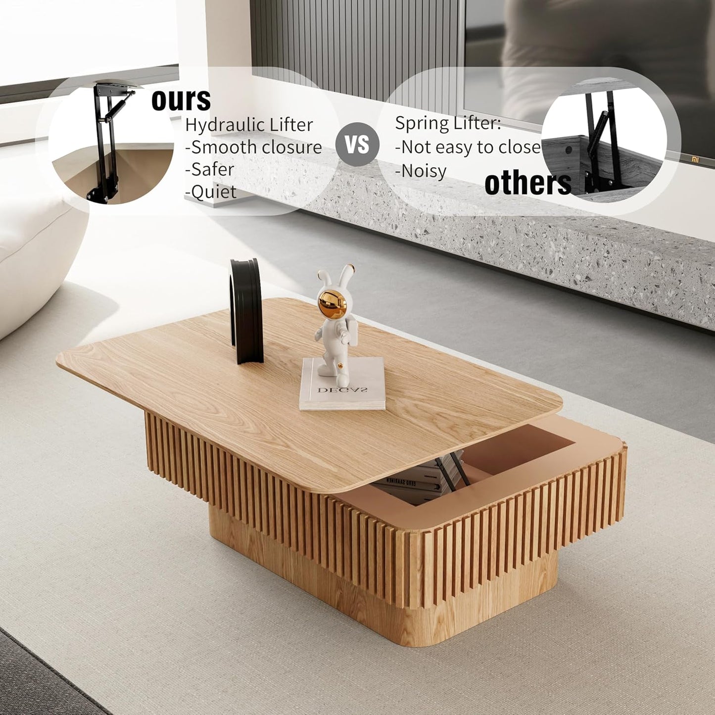 38.6'' Lift Top Coffee Table with Hidden Compartment, Modern Rectangular Fluted Wooden Center Table Cocktail Tea Table with Storage and Adjustable Height for Living Room Apartment,Natural