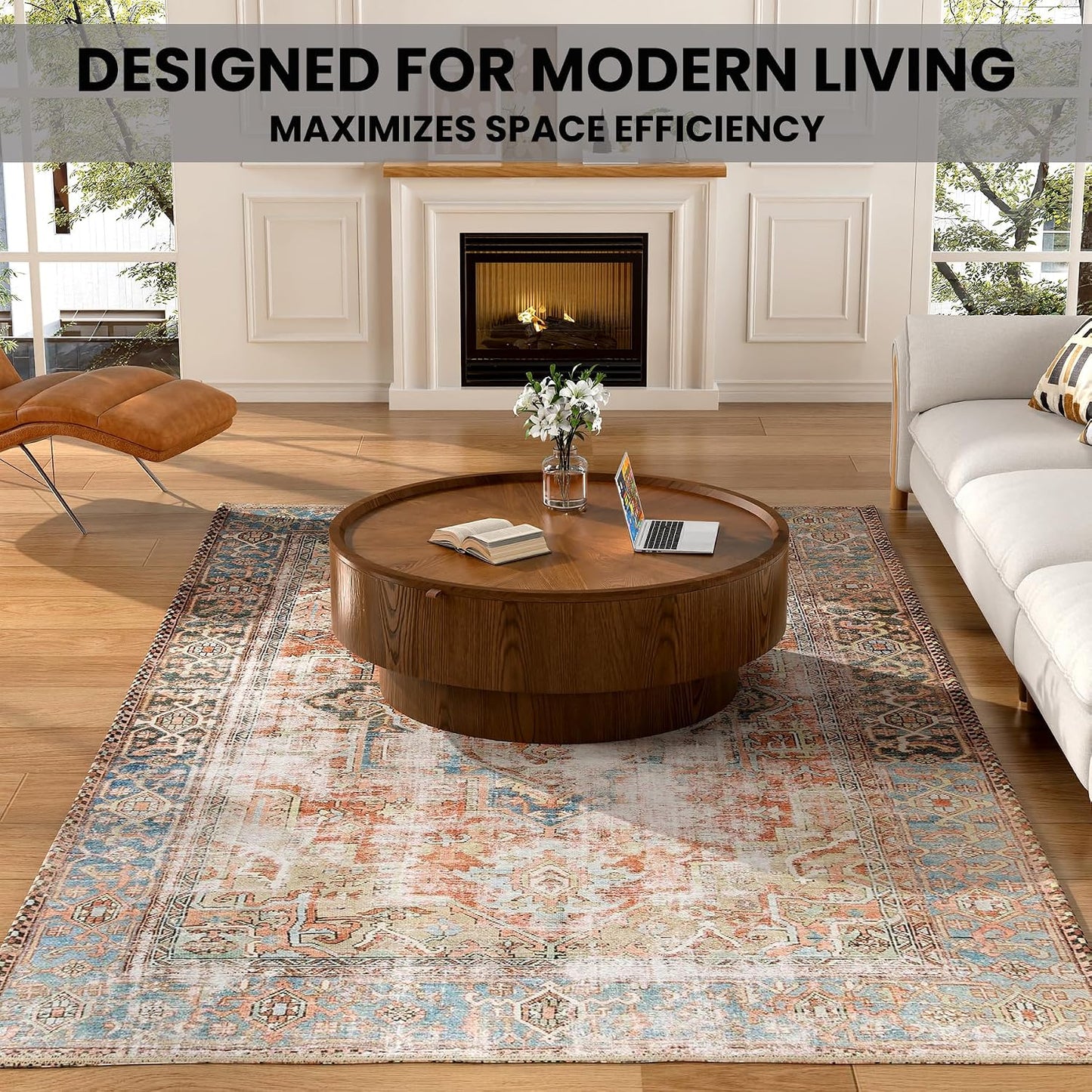 30.7" Round Coffee Table with Storage, Drum Center Table for Small Spaces | Large Hidden Storage Compartment With Removable Lid Keeps Living Room Organized