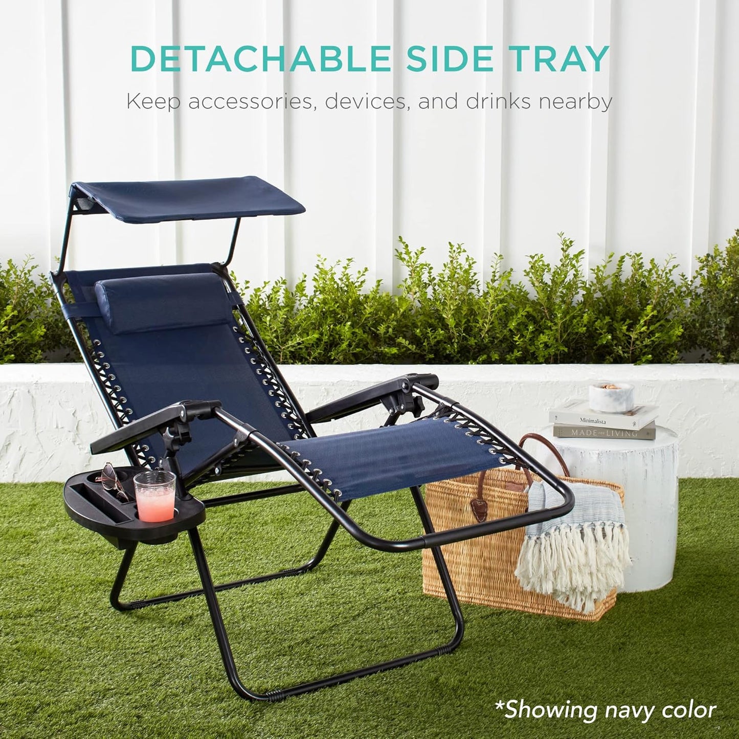 Best Choice Products Folding Zero Gravity Outdoor Recliner Patio Lounge Chair w/Adjustable Canopy Shade, Headrest, Side Accessory Tray, Textilene Mesh - Black