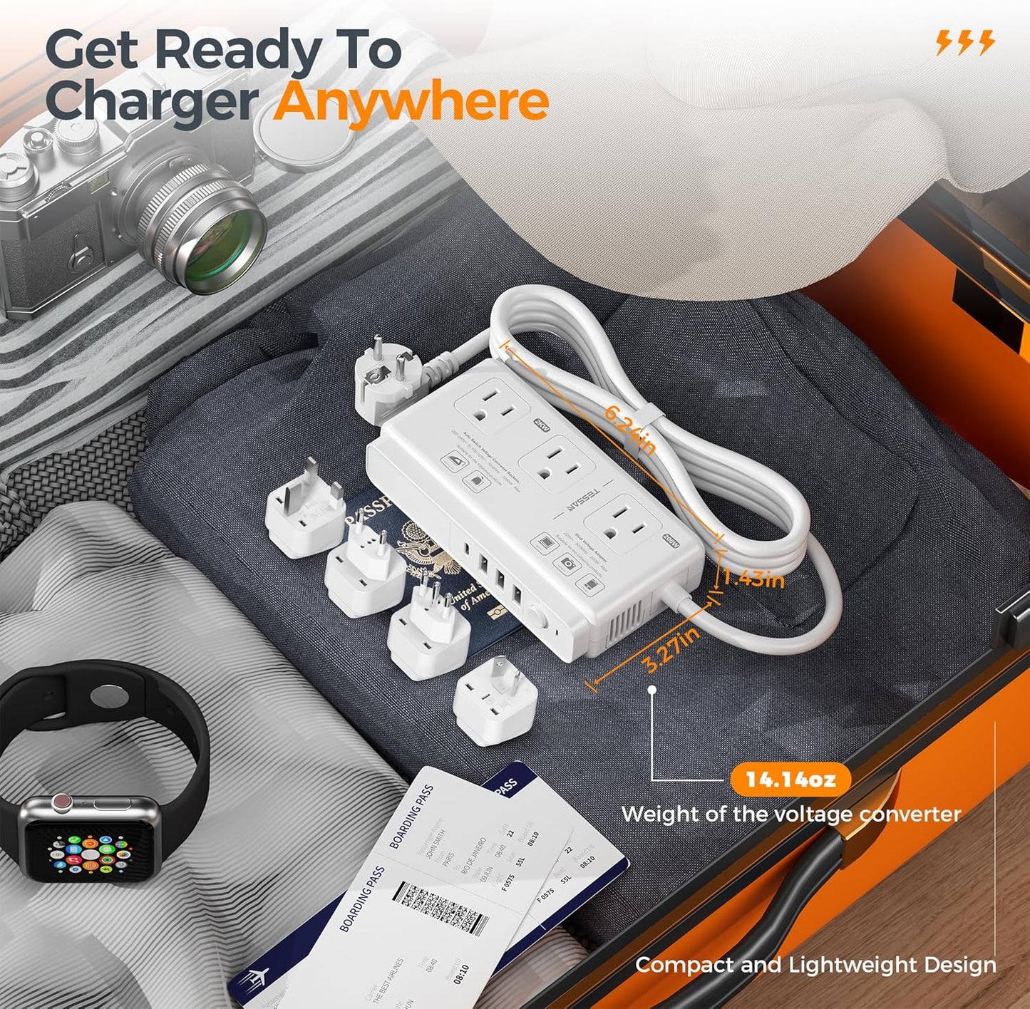 220V to 110V Voltage Converter, TESSAN Universal Travel Adapter with 4 USB Charger (1 USB C), 3 AC Sockets and EU/UK/AU/IT Plug Power Adaptor, Step Down Transformer Outlet-Not for Hair Dryers