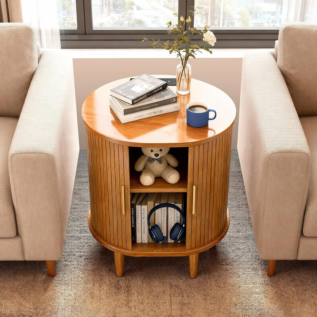 DHH Mid Century Modern Nightstand with Charging Station, Fluted Accent Side Table with Sliding Door & Adjustable Shelf, End Table for Small Space, Living Room, Bedroom,Sofa Couch(1, Yellow)