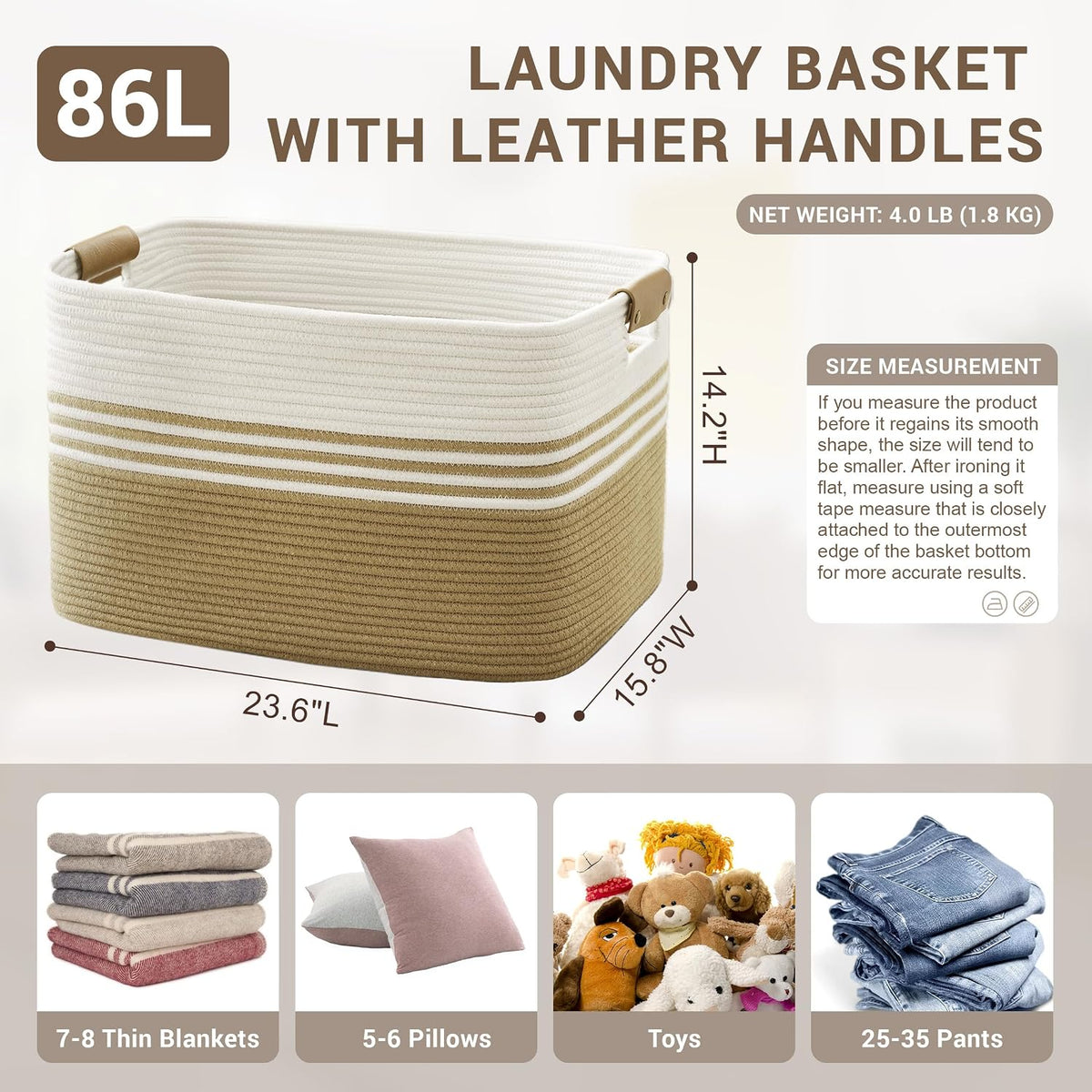 86L Large Woven Laundry Basket Hamper with Leather Handles,Khaki