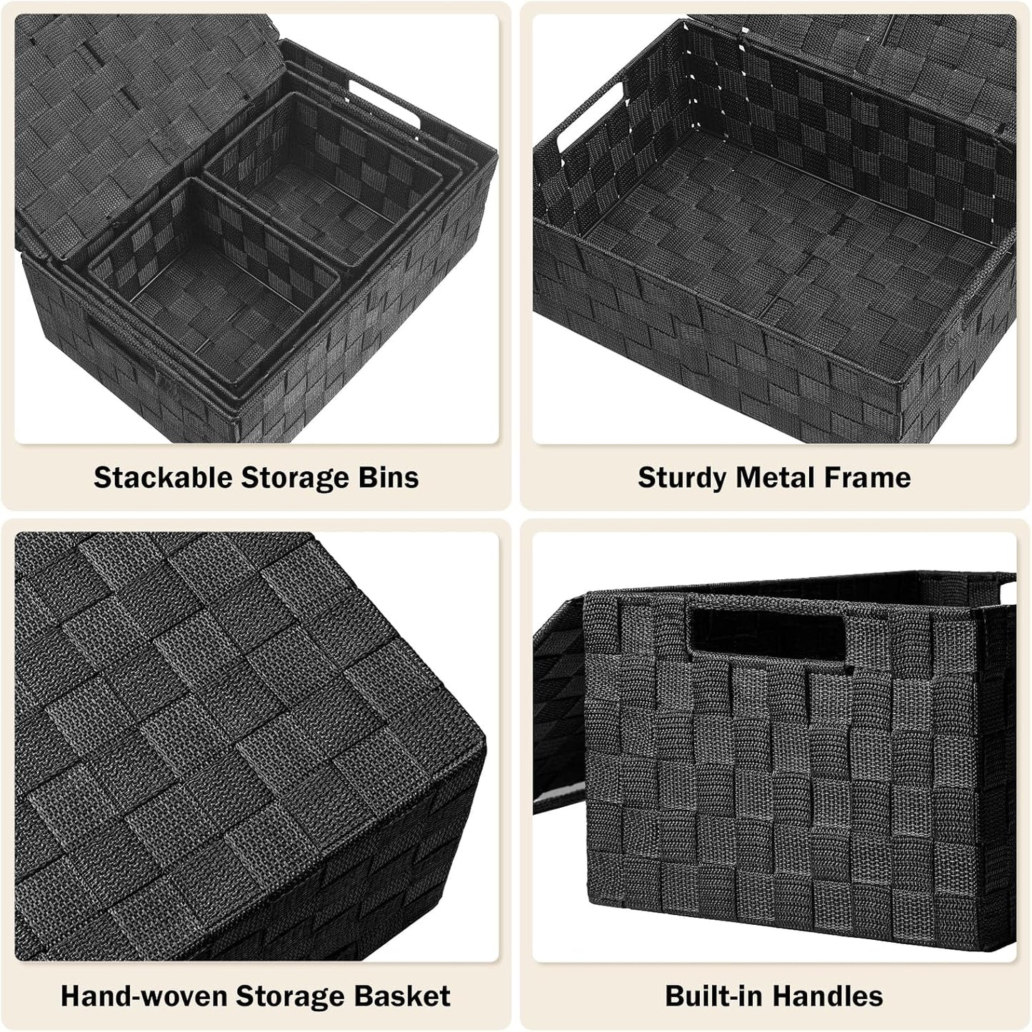 Storage Baskets with Lids: 5 Pack Stackable Woven Storage Bins, Black