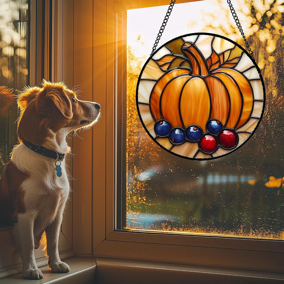 DASTOLL Stained Glass Window Hanging Fall Pumpkin Berries Large 15" - Suncatcher Door Garden Kitchen Sunroom Sun Catcher Autumn Home Decor Birthday for Mom Grandma Men Woman