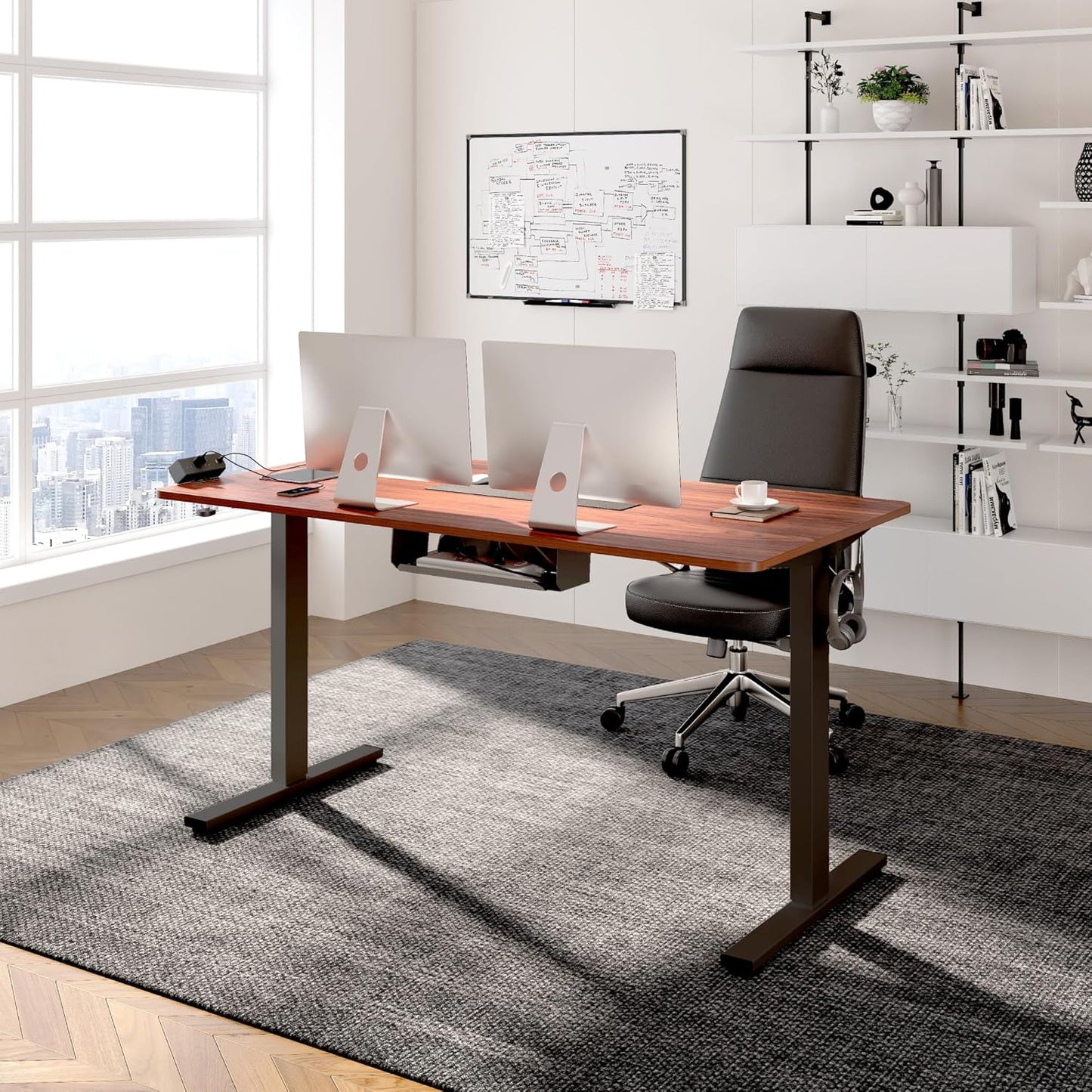 FLEXISPOT EN2 Whole-Piece Standing Desk with Clamp Power Strip, 55 x 28 Electric Stand Up Height Adjustable Desk with Cable Management (Black Frame + 55" Mahogany Top, 2 Packages)