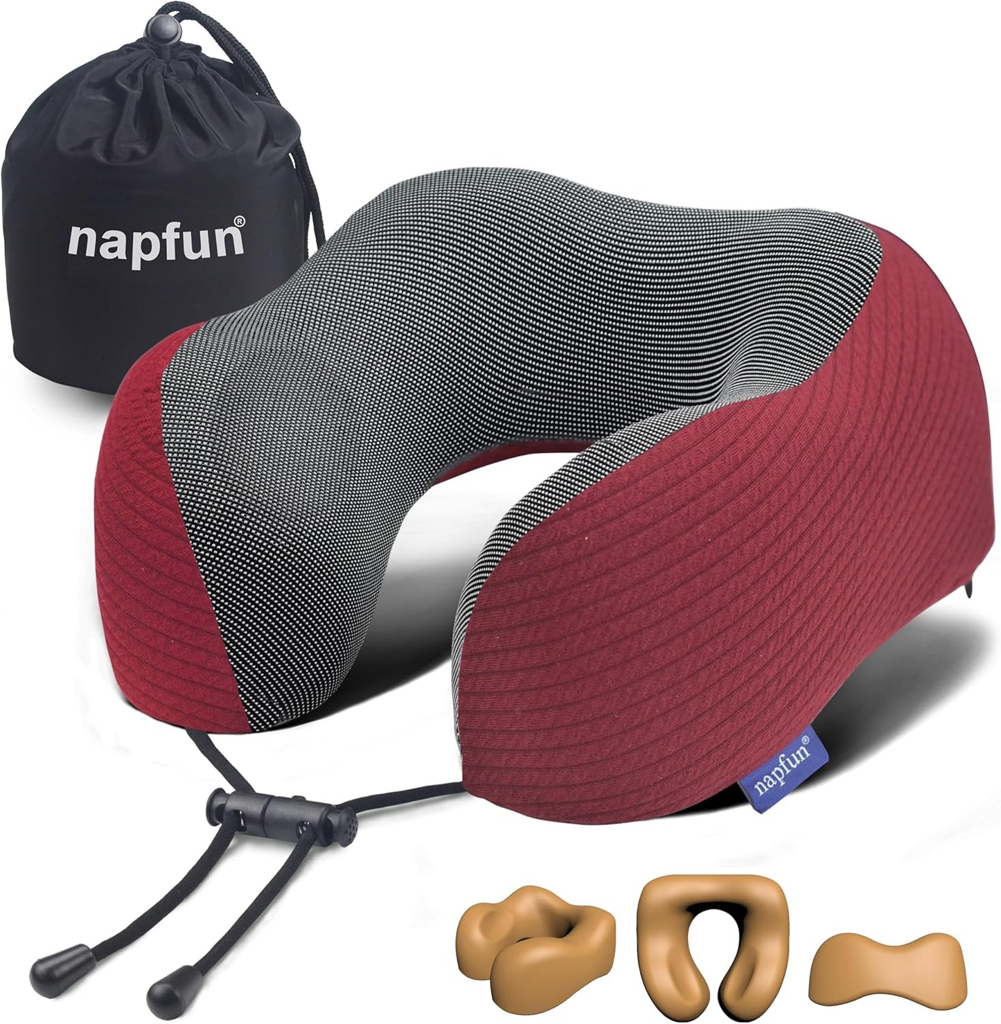 napfun Neck Pillow for Traveling, Upgraded Travel Neck Pillow for Airplane 100% Pure Memory Foam Travel Pillow for Flight Headrest Sleep, Portable Plane Accessories, Burgundy