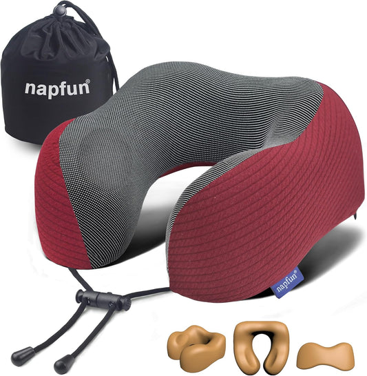 napfun Neck Pillow for Traveling, Upgraded Travel Neck Pillow for Airplane 100% Pure Memory Foam Travel Pillow for Flight Headrest Sleep, Portable Plane Accessories, Burgundy
