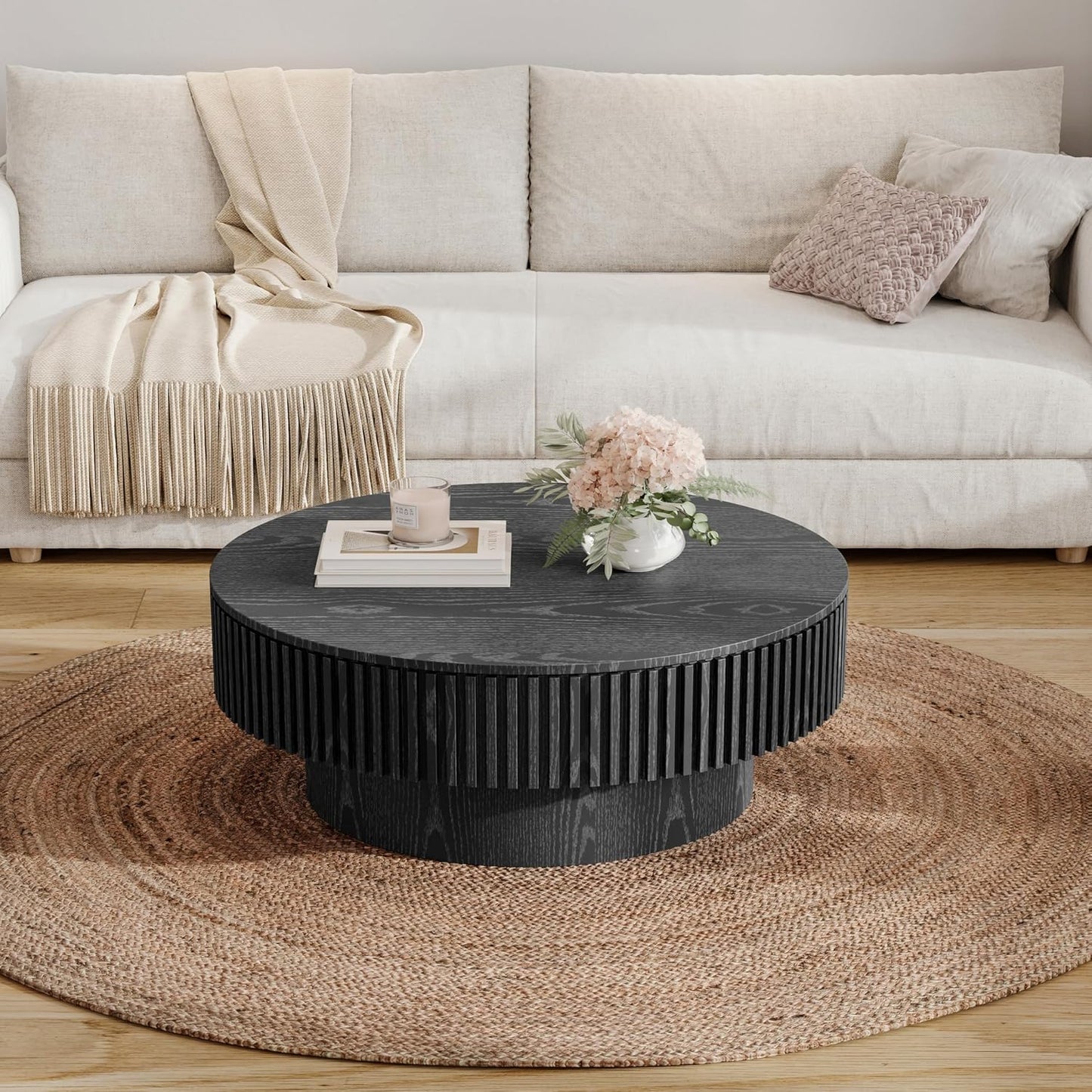 31.5" Round Coffee Table with Hidden Storage Compartment, Modern Handcraft Fluted Drum Coffee Table, Wooden Circle Center Table Cocktail Tea Table with Sturdy Pedestal for Living Room, Black
