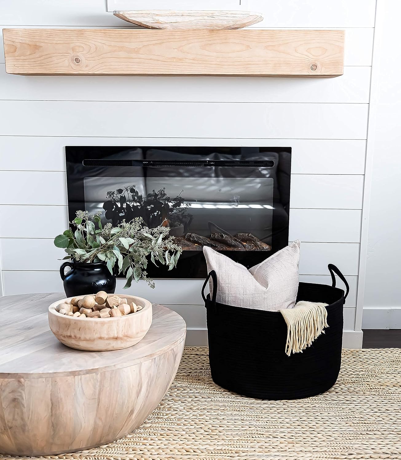 OrganiHaus Round Toy Basket & Blanket Basket, Cotton Rope 20x13" | Full Black - Round Cotton Rope Basket, 20x13"