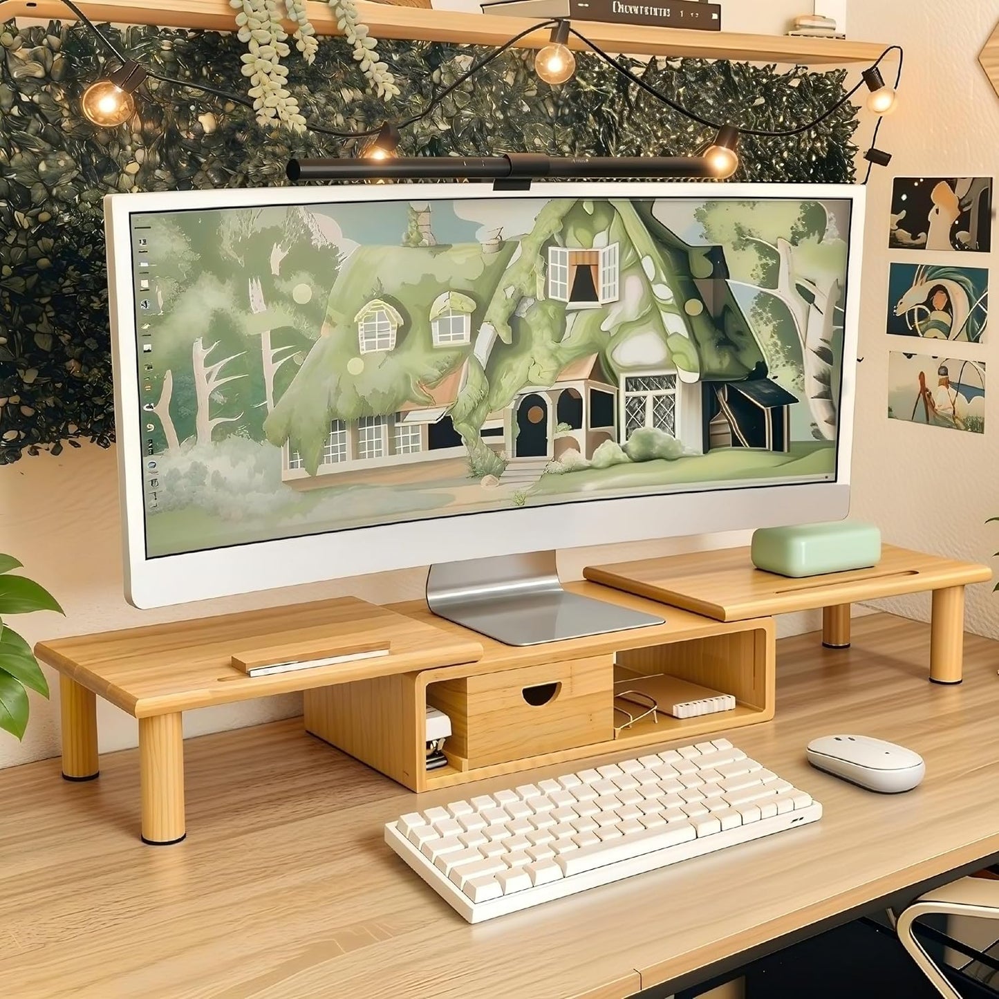 Dual Monitor Stand Riser with Drawer for Desk Laptop Desk Shelf with Adjustable Length and Angle, Bamboo Computer Stand Riser for 2 or 3 Monitors Screen Laptop PC TV -Natural