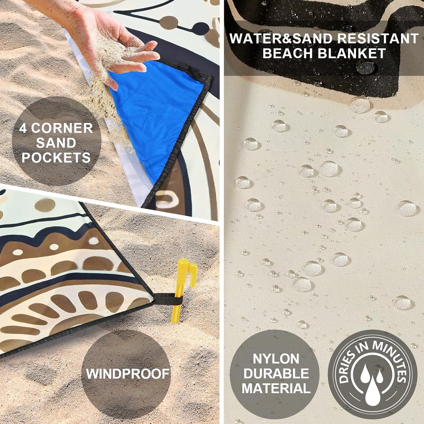 WIWIGO Beach Blanket Waterproof Sandproof Beach Mat 79" X 83"/10'x9'for 2-8 Adults Quick Drying Outdoor Picnic Mat Beach Accessories for Travel, Camping, Hiking
