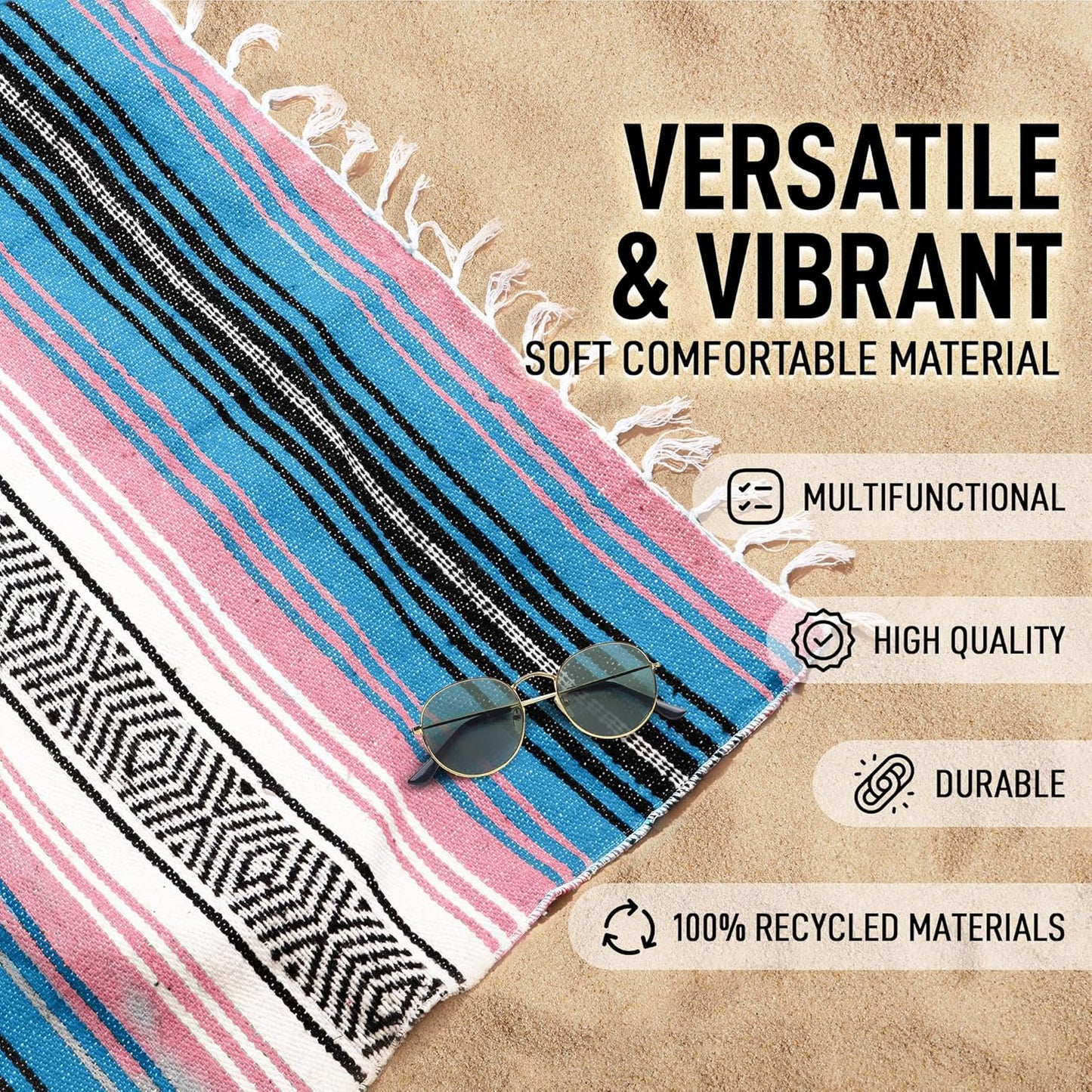 Hydration Nation Authentic Large Handwoven Mexican Striped Throw Blanket - Soft, Durable, Eco-Friendly - 70"x50" - Cotton Candy