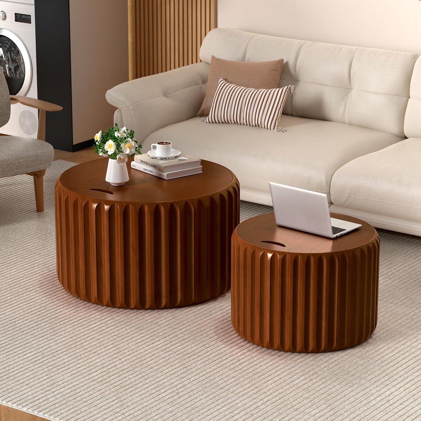 26" Round Nesting Coffee Table Set of 2 with Storage, A | Flip-Top Lid, Wood Veneer Tableop, Wood Groove, Non-Slip Pad, For Living Room, Nesting Design, 2-Piece End Table Sets