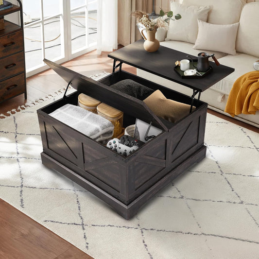 KIGOTY 31.5" Lift Top Coffee Table with Hidden Storage, Black | Square Farmhouse Style with Spacious Interior, All-in-one Living Room Table, Easy to Wipe and Adjust