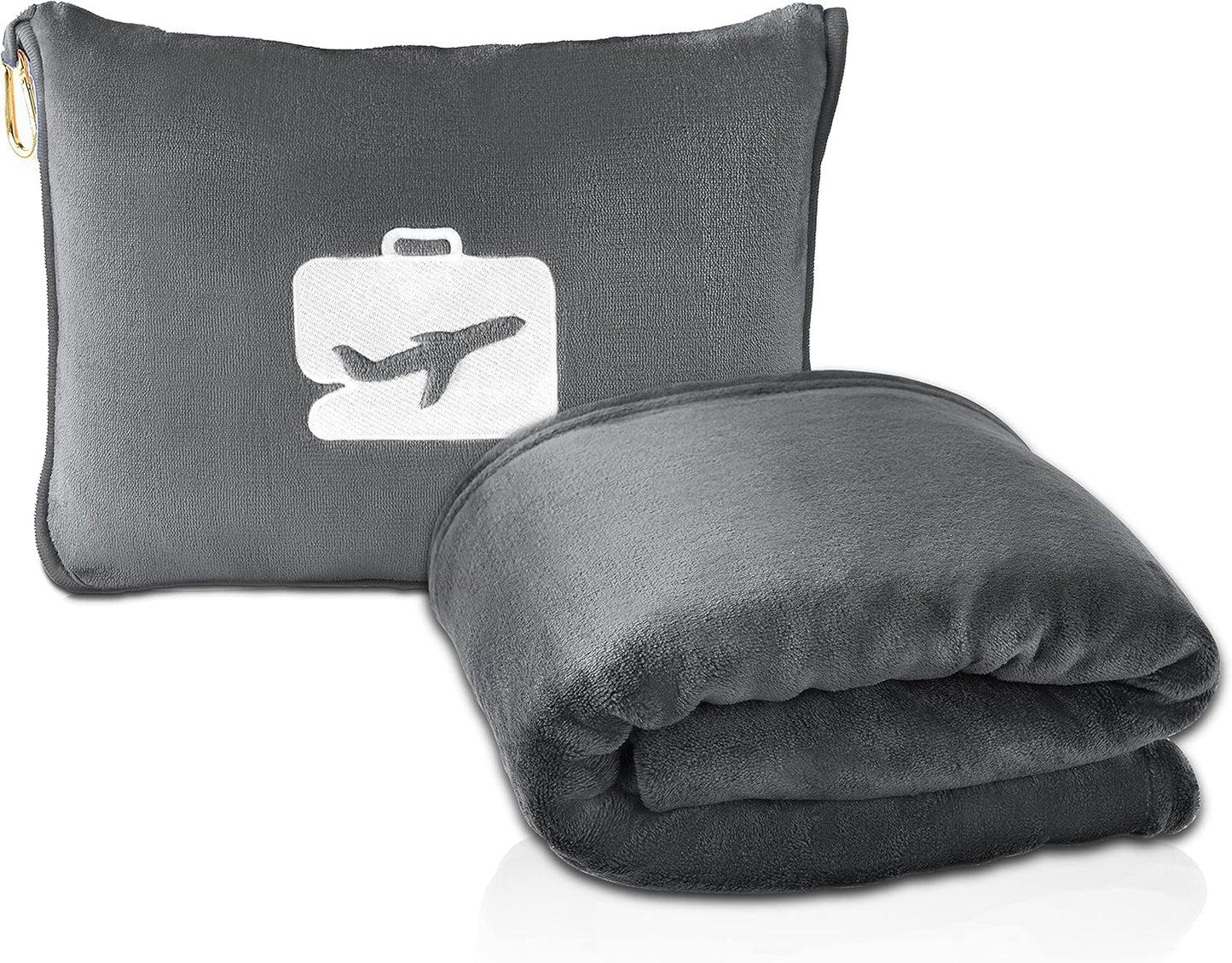 EverSnug Travel Blanket and Pillow - Premium Soft 2 in 1 Airplane Blanket with Soft Bag Pillowcase, Hand Luggage Sleeve and Backpack Clip (Grey)