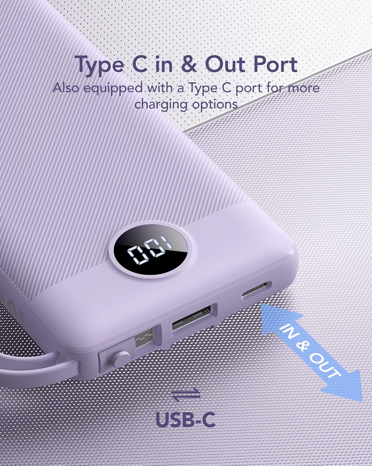 VRURC Portable Charger Power Bank, USB C Battery Pack 10000mAh, Flight-Safe Travel Essentials, 5 Outputs 2 Inputs Slim Phone Charging Bank Built-in Cables for Multi Devices-Lavender(1 Pack)