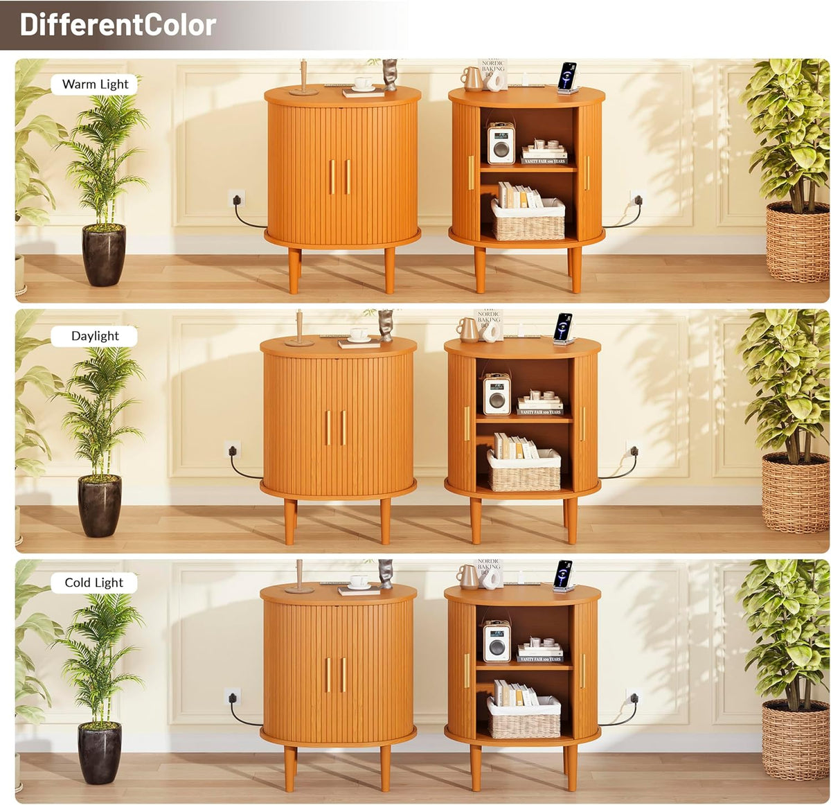 DHH Mid Century Modern Nightstand with Charging Station, Fluted Accent Side Table with Sliding Door & Adjustable Shelf, End Table for Small Space, Living Room, Bedroom,Sofa Couch(1, Yellow)