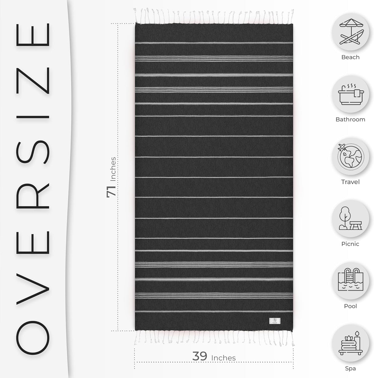 Ossano Turkish Beach Towel Absorbent & Quick Dry Oversized (39" x 71") - Decorative, Versatile and Functional as Yoga Mat, Beach Blanket, Bath, Travel, Airplane and Gym Towel - Black
