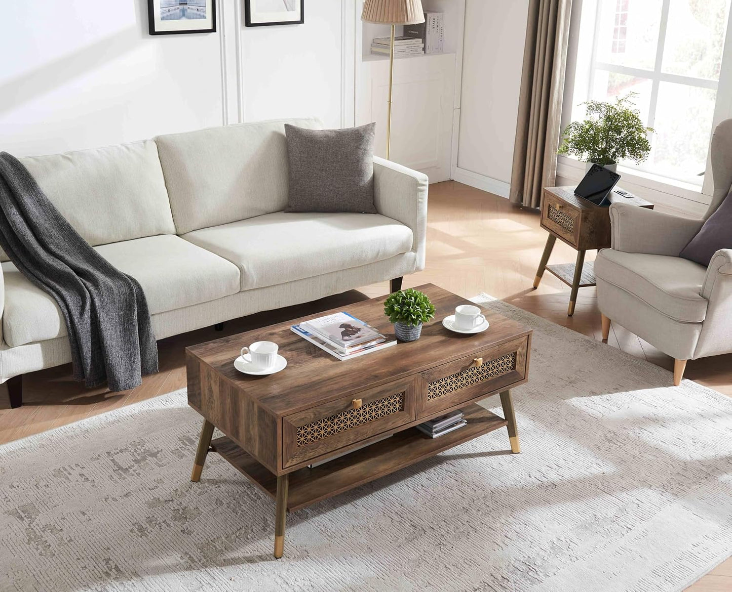 Mid Century Modern Coffee Table with Storage Drawers & Open Shelf, Solid Wooden Boho Rectangle Table with Metal Legs Designed for Living Room, Office, Lounge. Rustic Oak Color with Golden Decor