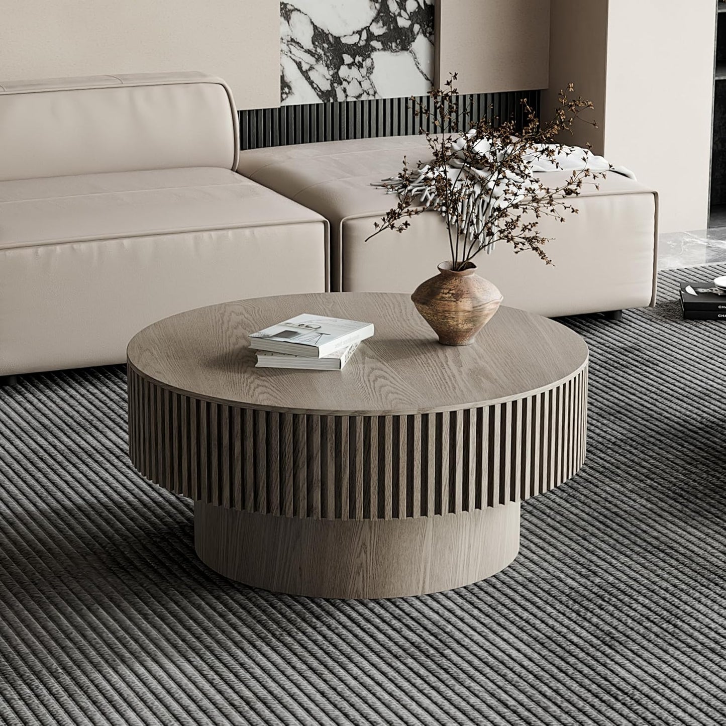 31.5" Round Coffee Table with Hidden Storage Compartment, Modern Handcraft Fluted Drum Coffee Table, Wooden Circle Center Table Cocktail Tea Table with Sturdy Pedestal for Living Room, Grey