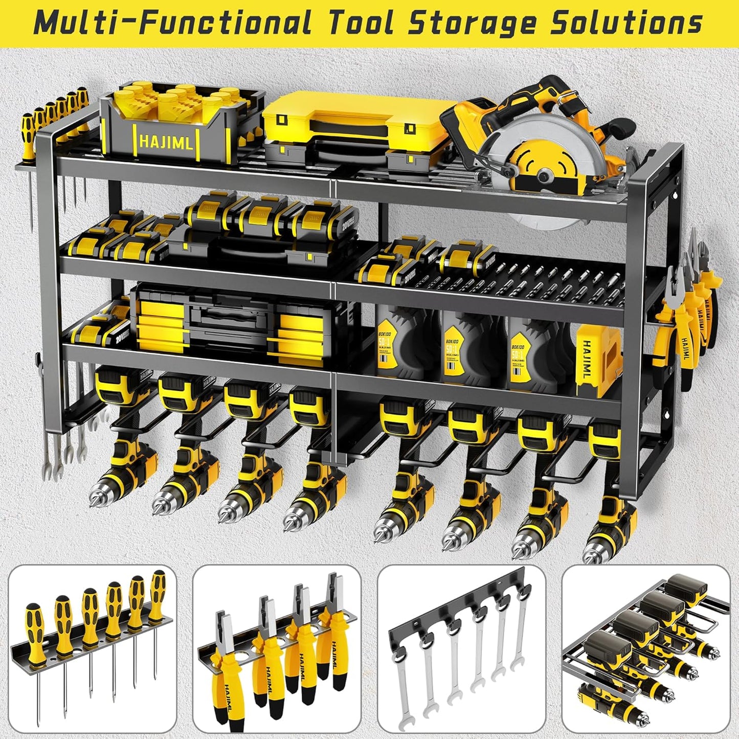 Power Tool Organizer Wall Mount,4 Layers Heavy Duty Storage Rack with 8 Drill Holder, Easy Installation, Tool Organizer Wall Mount for Garage Workshop and Home Organization.