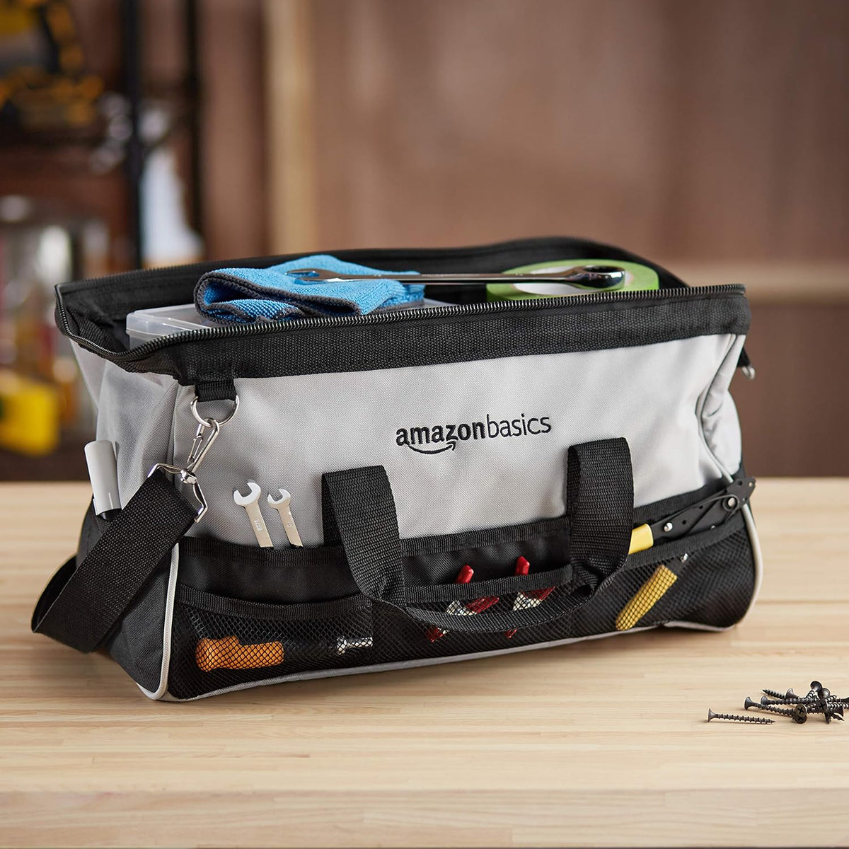 Amazon Basics Durable Wear-Resistant Tool Storage Bag with Adjustable Shoulder Strap, Portable Tool Organizer, 16 in, Black & Grey