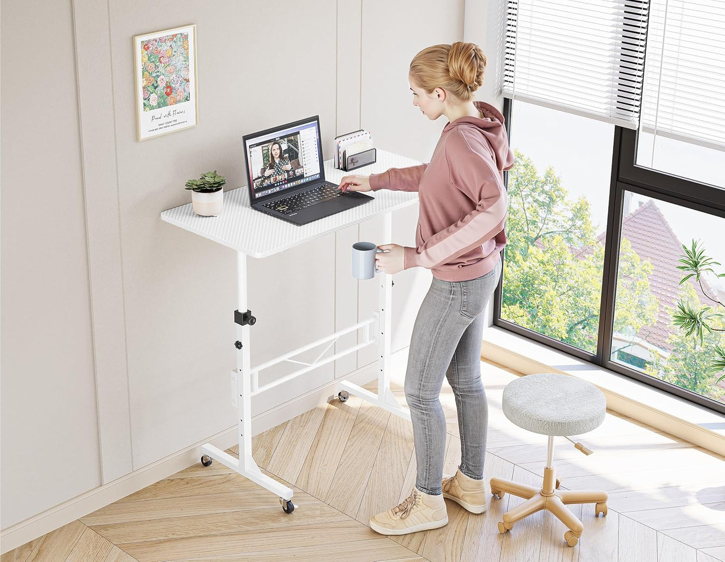 HOMIDEC Standing Desk, 32 Inch Portable Small Desk Adjustable Height, Rolling Home Office Desks with Wheels, Sit Stand Desk for Bedroom Walking Pad Home Office Small Space, White